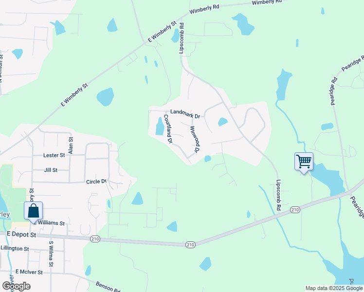 map of restaurants, bars, coffee shops, grocery stores, and more near 211 Courtland Drive in Angier