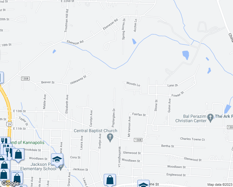 map of restaurants, bars, coffee shops, grocery stores, and more near 1354 Poplarglen Drive in Kannapolis