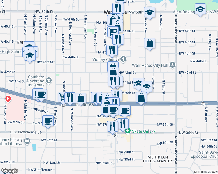map of restaurants, bars, coffee shops, grocery stores, and more near 5915 Northwest 41st Street in Warr Acres
