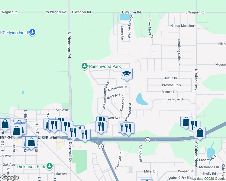 map of restaurants, bars, coffee shops, grocery stores, and more near 507 North Ranchwood Boulevard in Yukon