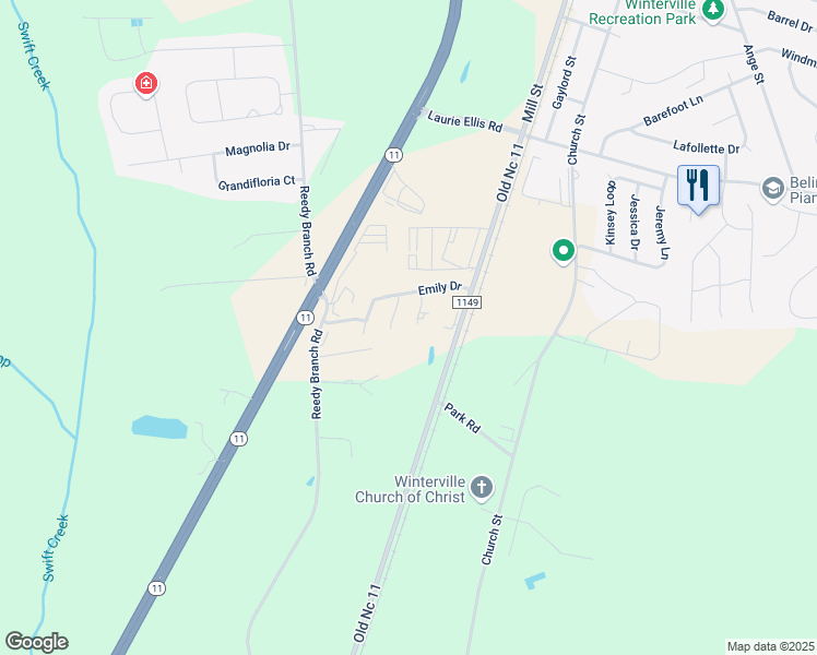 map of restaurants, bars, coffee shops, grocery stores, and more near 3032 Edward Court in Winterville