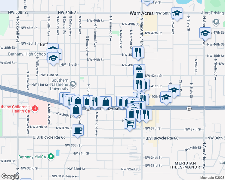 map of restaurants, bars, coffee shops, grocery stores, and more near 4199 North Hammond Avenue in Bethany
