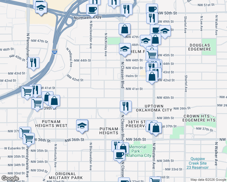 map of restaurants, bars, coffee shops, grocery stores, and more near 1418 Northwest 41st Street in Oklahoma City