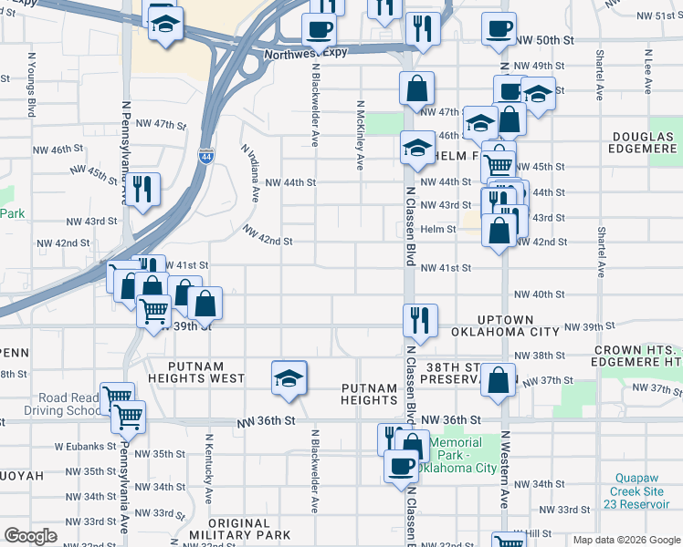 map of restaurants, bars, coffee shops, grocery stores, and more near 1509 Northwest 41st Street in Oklahoma City