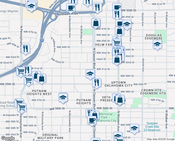 map of restaurants, bars, coffee shops, grocery stores, and more near 1431 Northwest 41st Street in Oklahoma City