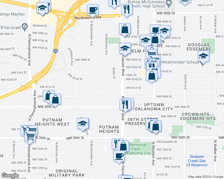 map of restaurants, bars, coffee shops, grocery stores, and more near 1431 Northwest 41st Street in Oklahoma City