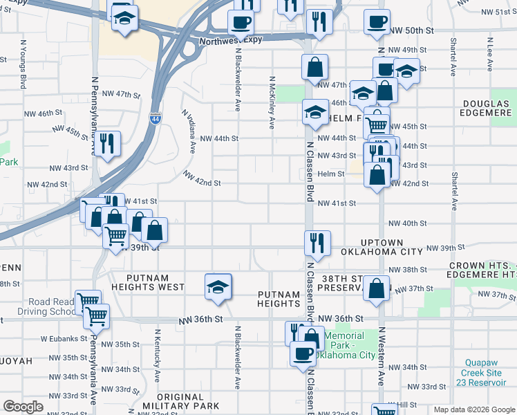 map of restaurants, bars, coffee shops, grocery stores, and more near 1509 Northwest 41st Street in Oklahoma City