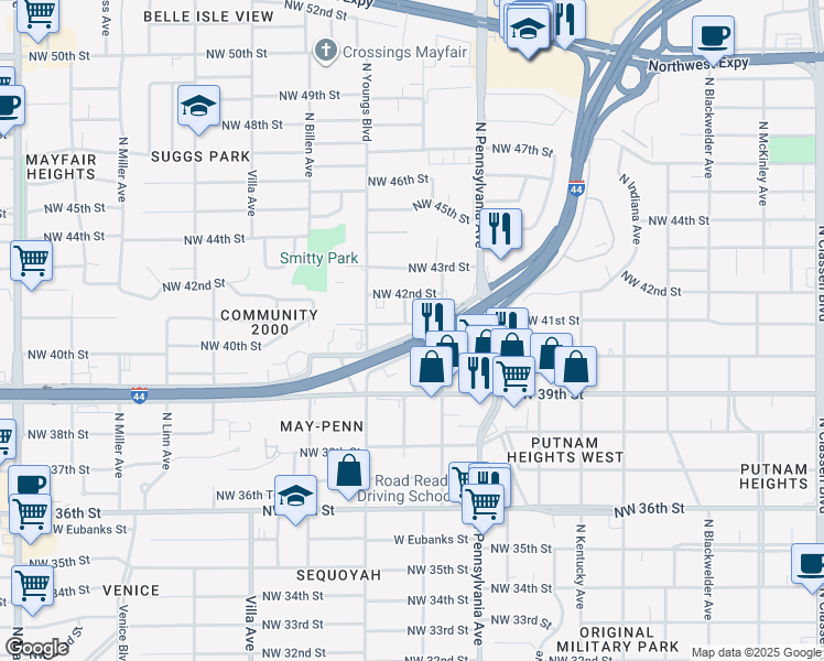 map of restaurants, bars, coffee shops, grocery stores, and more near 2238 Northwest 42nd Street in Oklahoma City