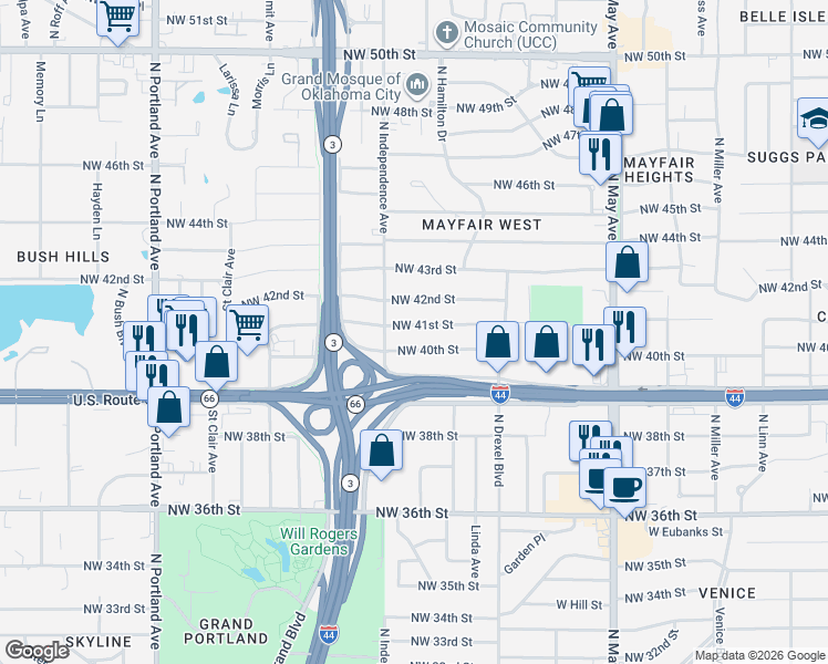 map of restaurants, bars, coffee shops, grocery stores, and more near 3228 Northwest 42nd Street in Oklahoma City