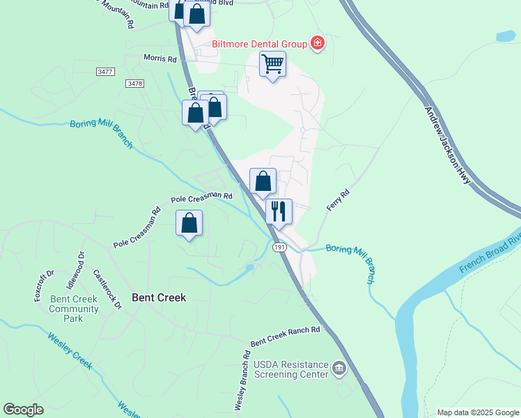 map of restaurants, bars, coffee shops, grocery stores, and more near 1577 Brevard Road in Asheville