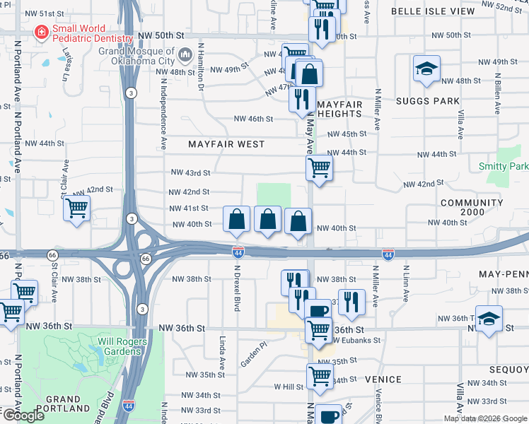 map of restaurants, bars, coffee shops, grocery stores, and more near 3022 Northwest 41st Street in Oklahoma City