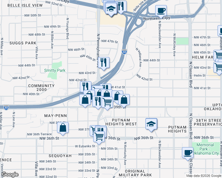 map of restaurants, bars, coffee shops, grocery stores, and more near 4200 Hemingway Drive in Oklahoma City