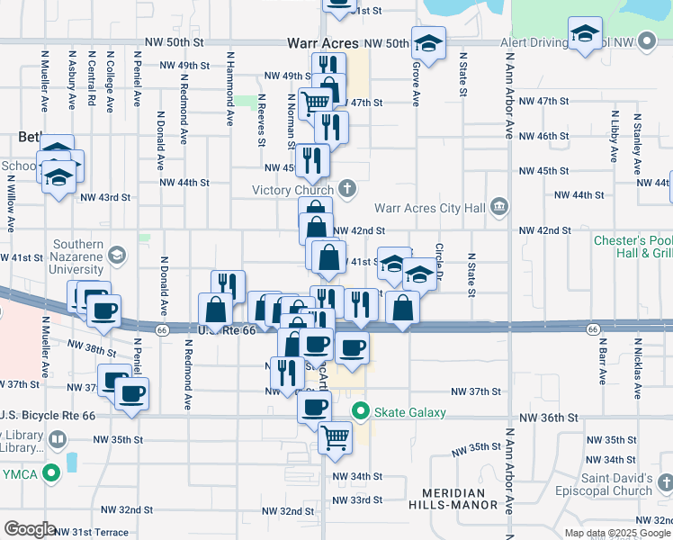 map of restaurants, bars, coffee shops, grocery stores, and more near 5815 Northwest 41st Street in Warr Acres