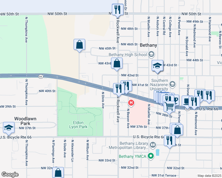 map of restaurants, bars, coffee shops, grocery stores, and more near 7119 Northwest 39th Expressway in Bethany