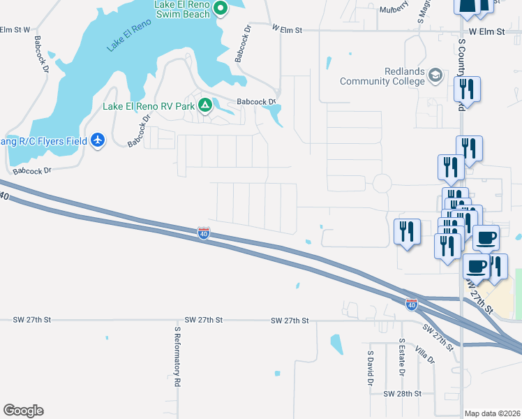 map of restaurants, bars, coffee shops, grocery stores, and more near Interstate 40 in El Reno