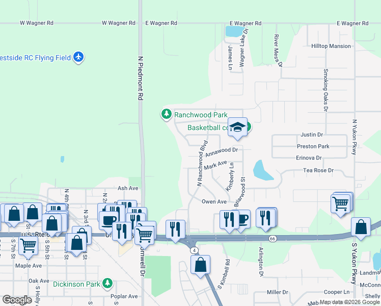 map of restaurants, bars, coffee shops, grocery stores, and more near 404 Oak Creek Drive in Yukon