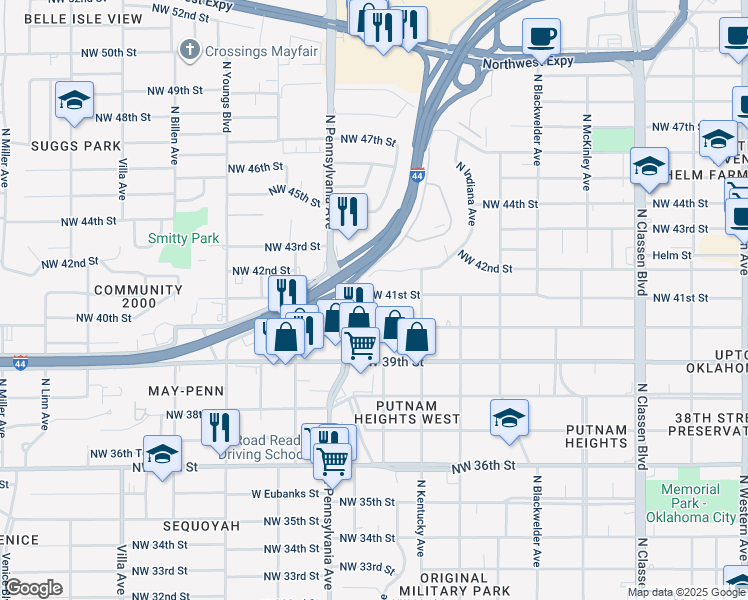 map of restaurants, bars, coffee shops, grocery stores, and more near 4200 Hemingway Drive in Oklahoma City