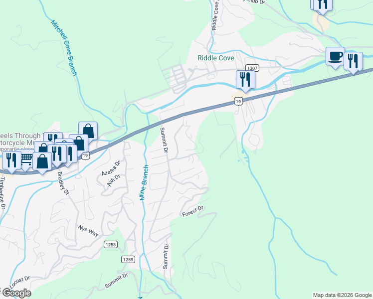 map of restaurants, bars, coffee shops, grocery stores, and more near 24 Cricket Lane in Maggie Valley