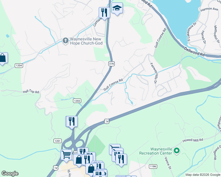 map of restaurants, bars, coffee shops, grocery stores, and more near 128 Golf Course Road in Waynesville