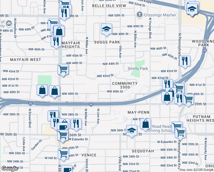 map of restaurants, bars, coffee shops, grocery stores, and more near 2508 Northwest 41st Street in Oklahoma City