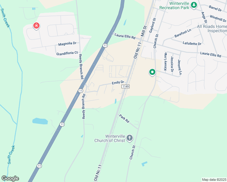 map of restaurants, bars, coffee shops, grocery stores, and more near 3015 A Cheryl Court in Winterville