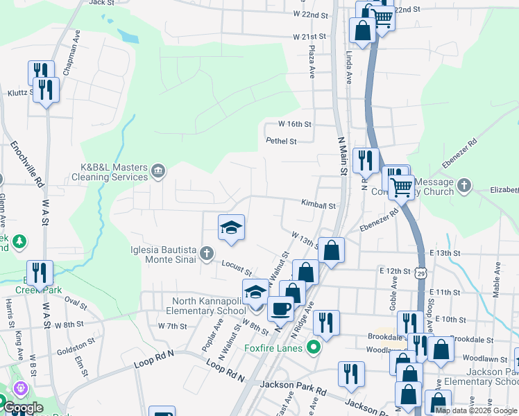 map of restaurants, bars, coffee shops, grocery stores, and more near 1400 Gary Street in Kannapolis