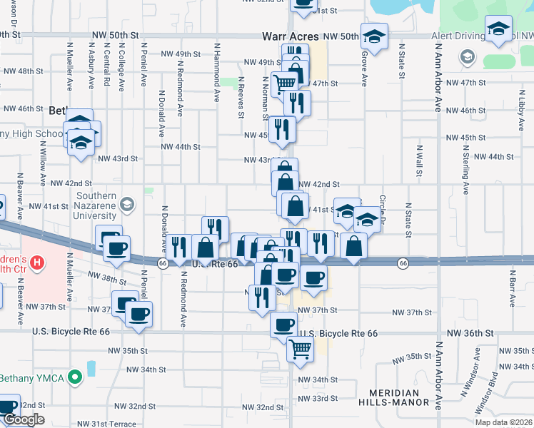 map of restaurants, bars, coffee shops, grocery stores, and more near 5915 Northwest 41st Street in Warr Acres