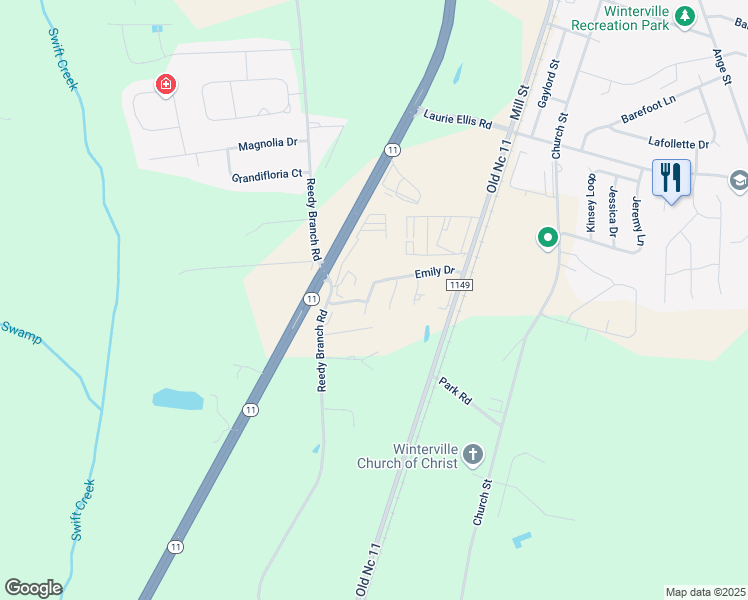 map of restaurants, bars, coffee shops, grocery stores, and more near 122 Emily Drive in Winterville