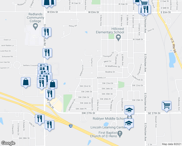 map of restaurants, bars, coffee shops, grocery stores, and more near 826 Ashland Drive in El Reno