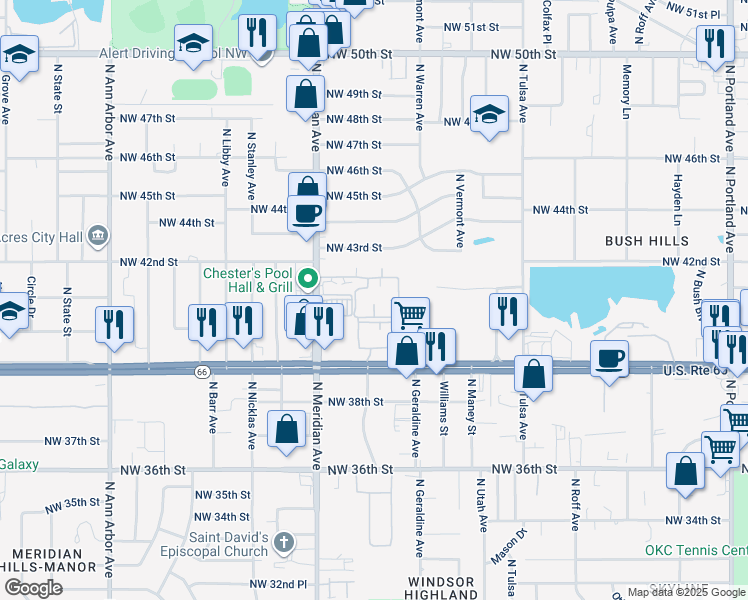 map of restaurants, bars, coffee shops, grocery stores, and more near 4242 North Meridian Avenue in Oklahoma City