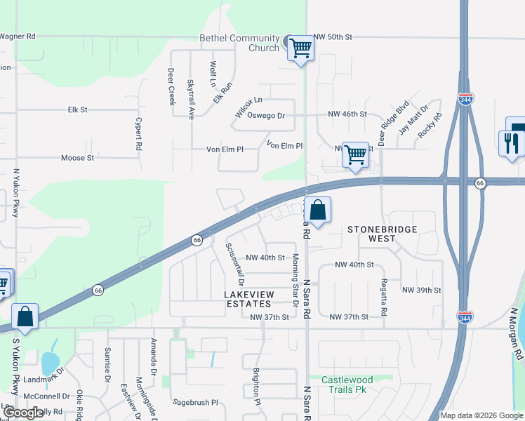 map of restaurants, bars, coffee shops, grocery stores, and more near 10801 Oklahoma 66 in Yukon