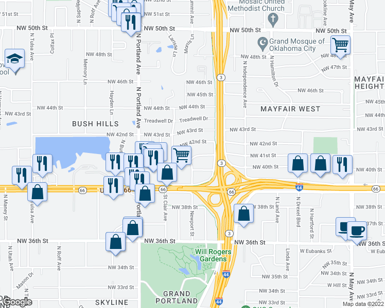 map of restaurants, bars, coffee shops, grocery stores, and more near 3501 Northwest 41st Street in Oklahoma City