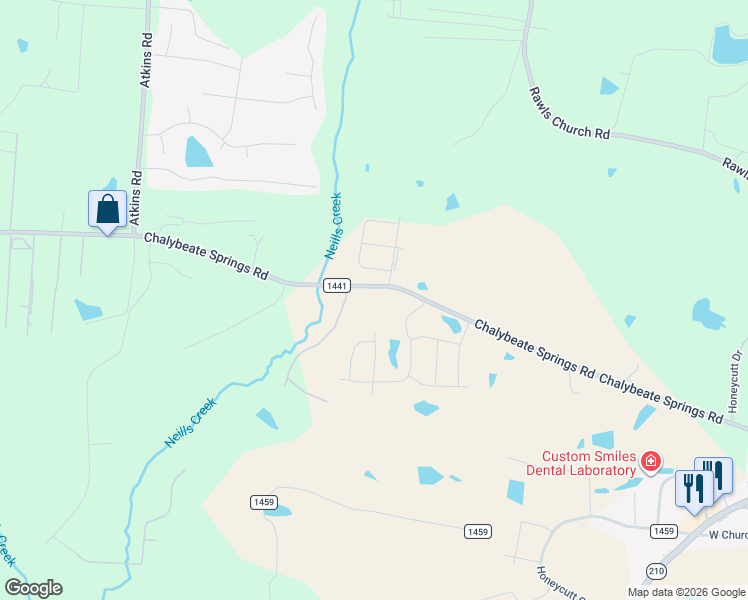 map of restaurants, bars, coffee shops, grocery stores, and more near 1343 Chalybeate Springs Road in Angier