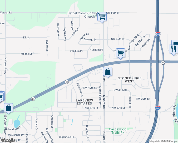 map of restaurants, bars, coffee shops, grocery stores, and more near 10801 Oklahoma 66 in Yukon