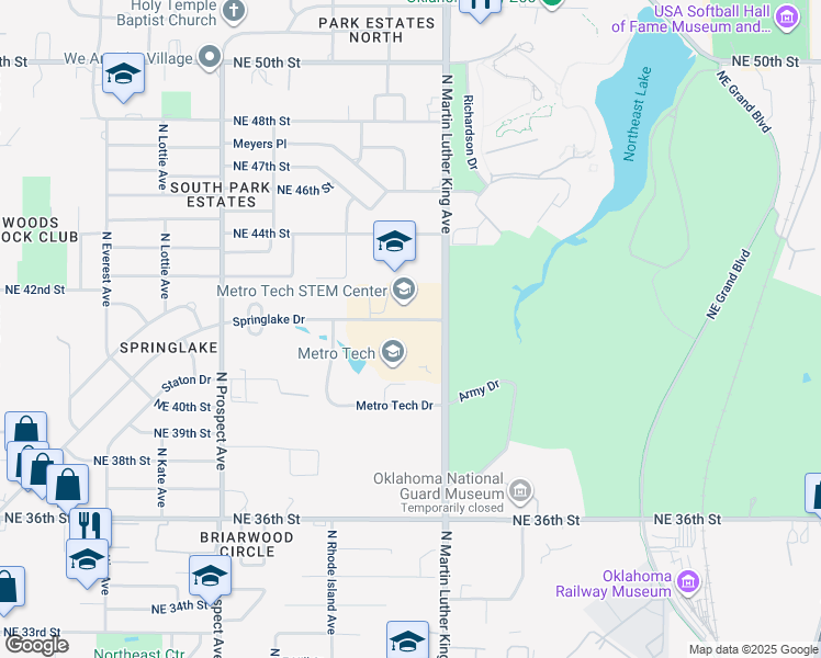 map of restaurants, bars, coffee shops, grocery stores, and more near 1900 Springlake Drive in Oklahoma City