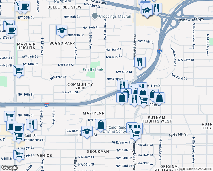 map of restaurants, bars, coffee shops, grocery stores, and more near 4201 North Youngs Boulevard in Oklahoma City