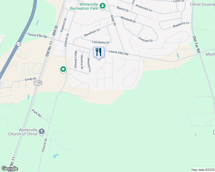 map of restaurants, bars, coffee shops, grocery stores, and more near 340 Daisy Lane in Winterville