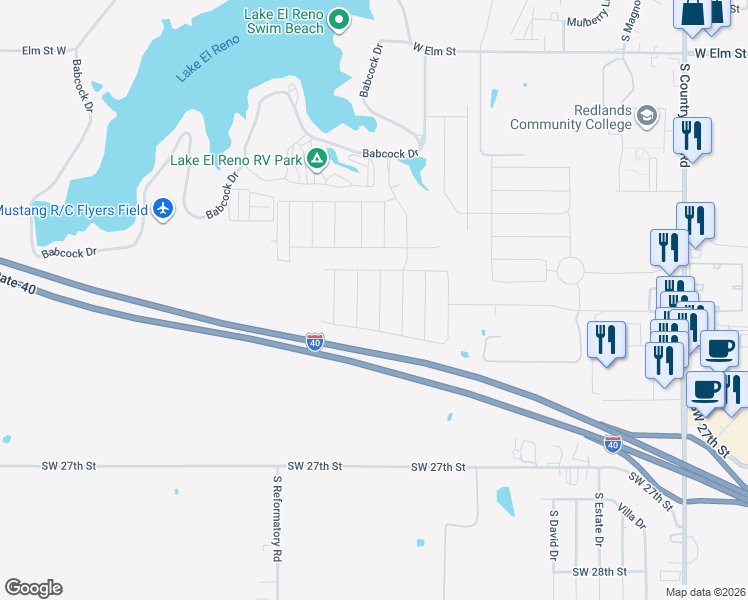 map of restaurants, bars, coffee shops, grocery stores, and more near Interstate 40 in El Reno