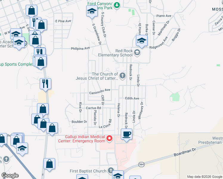 map of restaurants, bars, coffee shops, grocery stores, and more near 599 Canoncito Avenue in Gallup