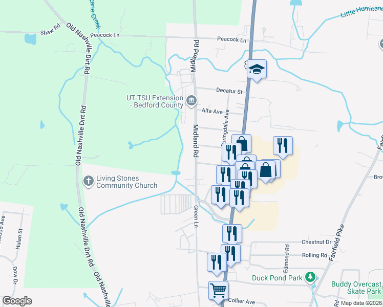 map of restaurants, bars, coffee shops, grocery stores, and more near 1809 Midland Road in Shelbyville