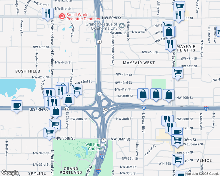 map of restaurants, bars, coffee shops, grocery stores, and more near 3305 Northwest 41st Street in Oklahoma City