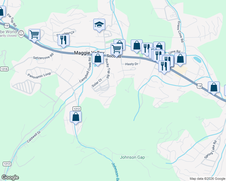 map of restaurants, bars, coffee shops, grocery stores, and more near 279 Rocky Top Road in Maggie Valley