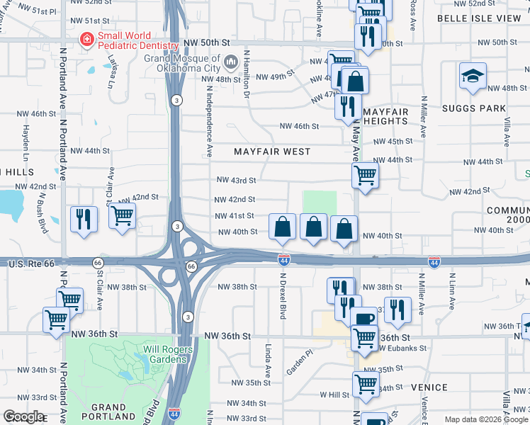map of restaurants, bars, coffee shops, grocery stores, and more near 3111 Northwest 41st Street in Oklahoma City