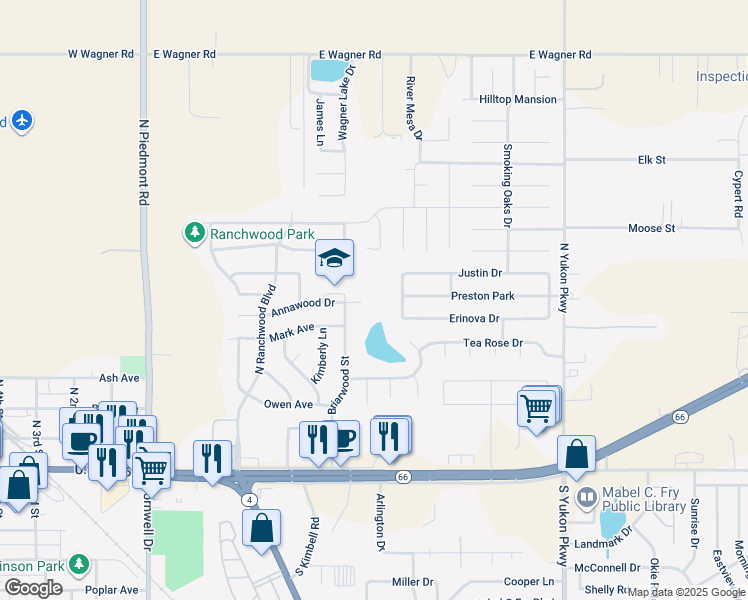 map of restaurants, bars, coffee shops, grocery stores, and more near 615 Annawood Drive in Yukon