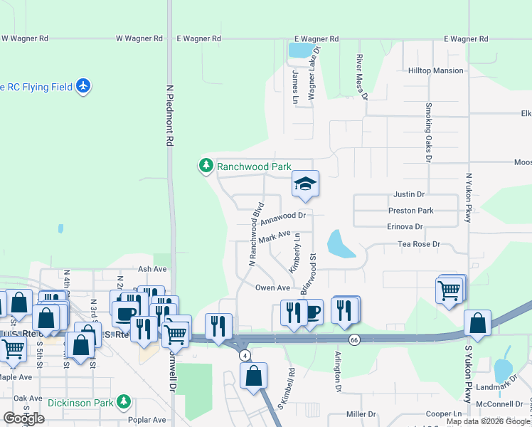 map of restaurants, bars, coffee shops, grocery stores, and more near 507 N Ranchwood Blvd in Yukon
