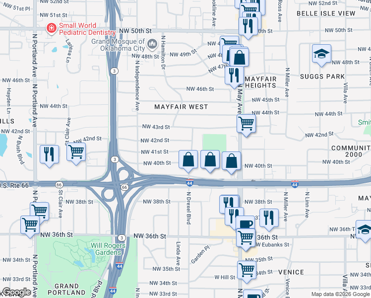 map of restaurants, bars, coffee shops, grocery stores, and more near 3111 Northwest 41st Street in Oklahoma City