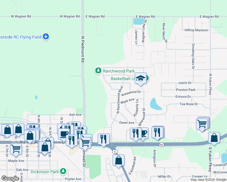 map of restaurants, bars, coffee shops, grocery stores, and more near 404 Oak Creek Drive in Yukon