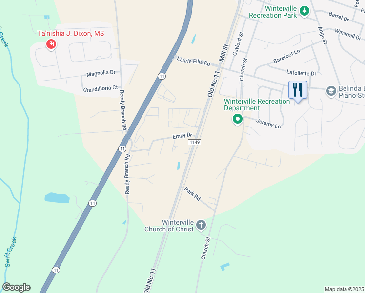 map of restaurants, bars, coffee shops, grocery stores, and more near 110 Kevin Circle in Winterville