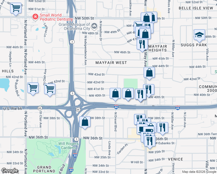 map of restaurants, bars, coffee shops, grocery stores, and more near 3111 Northwest 41st Street in Oklahoma City