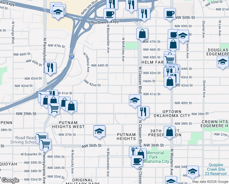 map of restaurants, bars, coffee shops, grocery stores, and more near 1509 Northwest 41st Street in Oklahoma City